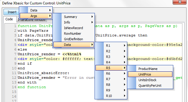 Insert > Args > Data > RowNumber > FieldName